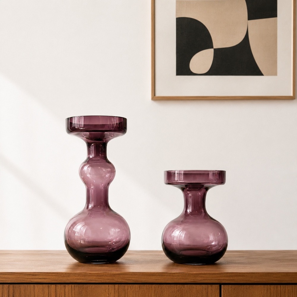 Pair Attributed Riihimäen Lasi Amethyst Art Glass Vases Finnish MCM